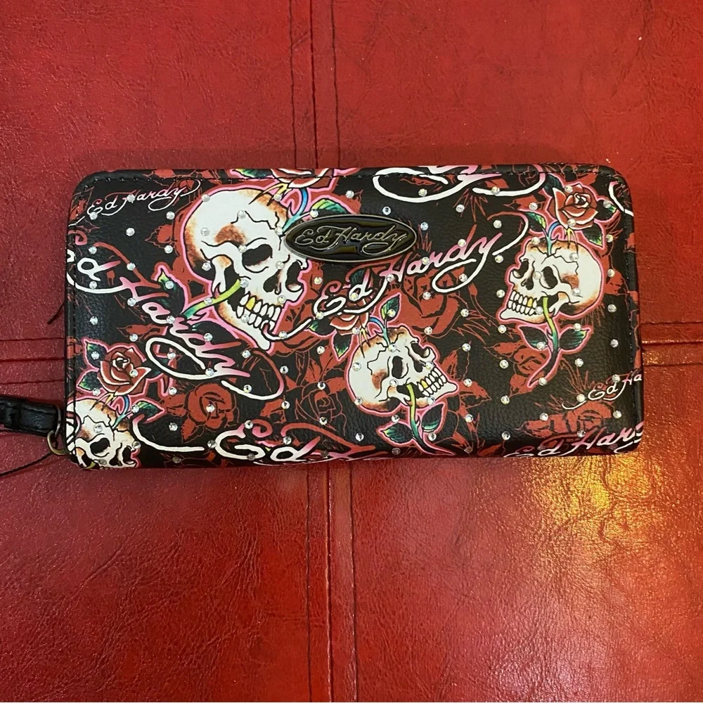 Ed Hardy Black Wallet with Red Rose & White Skull Accents